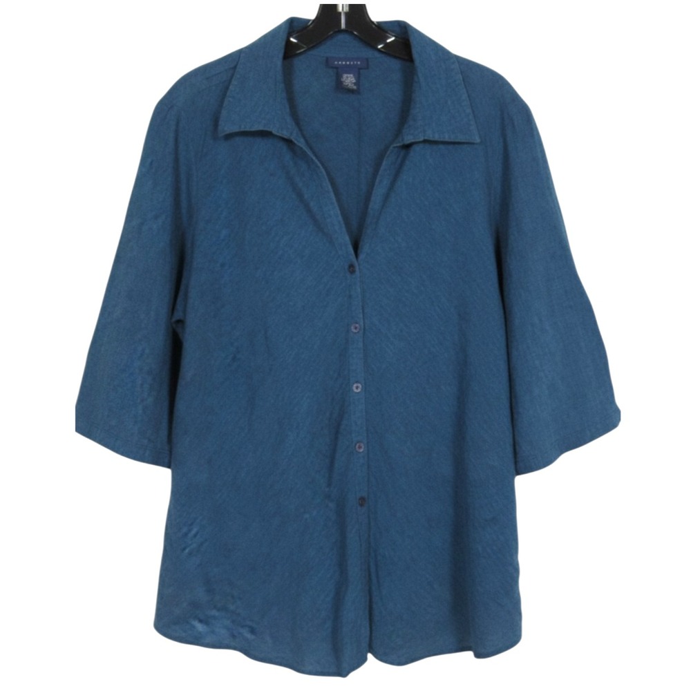 VENEZIA Women's LINEN BLEND Blue BUTTON-UP 3/4 Sleeve V-NECK Shirt/Top Sz 18/20